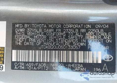 2005 Toyota Prius from USA, damaged, VIN JTDKB20U050133057